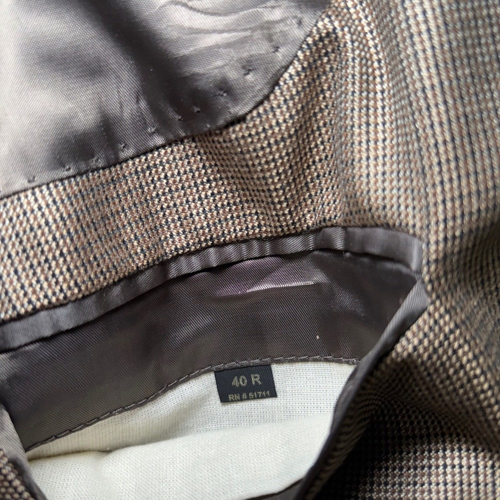Andrew Fezza Fusion Silk Super 100s Wool Blazer Mens 40R Brown Micro Check - Picture 3 of 11